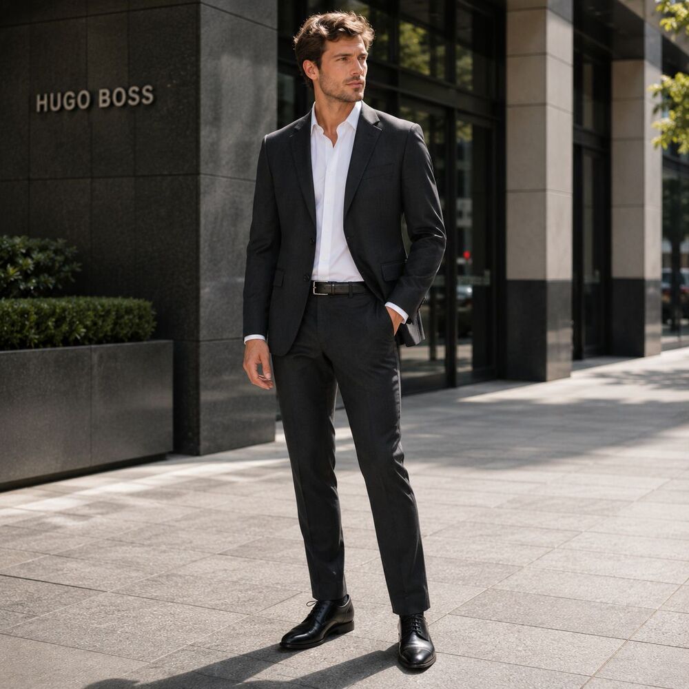 HUGO BOSS Mens Sport Coat Blazer 38S 100% Virgin Wool Business Charcoal Gray‎